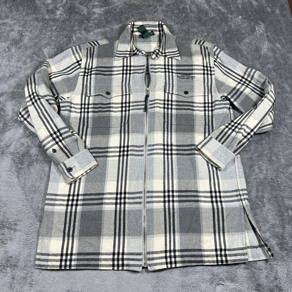 Lauren Ralph Lauren Flannel Shacket Mens S Grey Plaid Zip Cotton Shirt